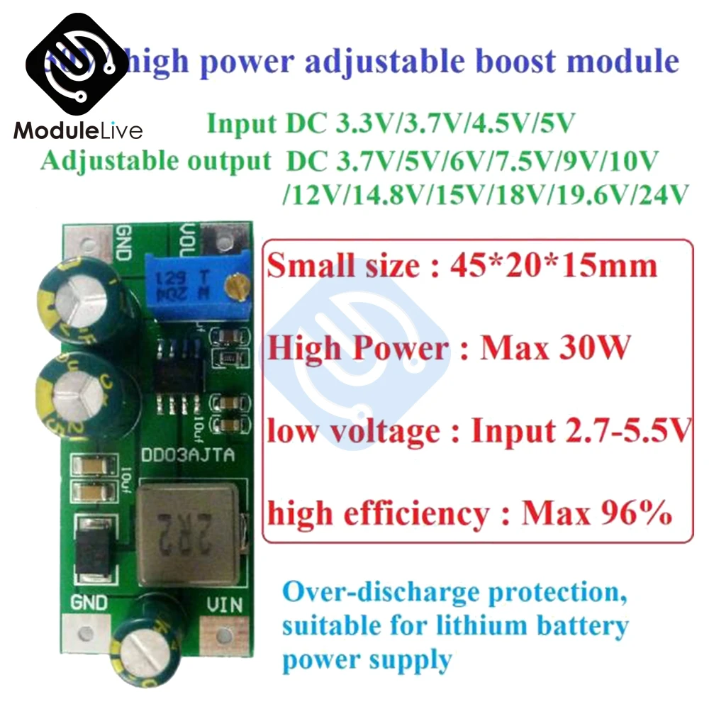 30W DC 3V 3.3V 3.7V 5.5V a 5V 6V 7.5V 9V 10V 12V 14.8V 24V Step-Up Boost Converter Board per batteria al litio 3.7V 18650 modulo