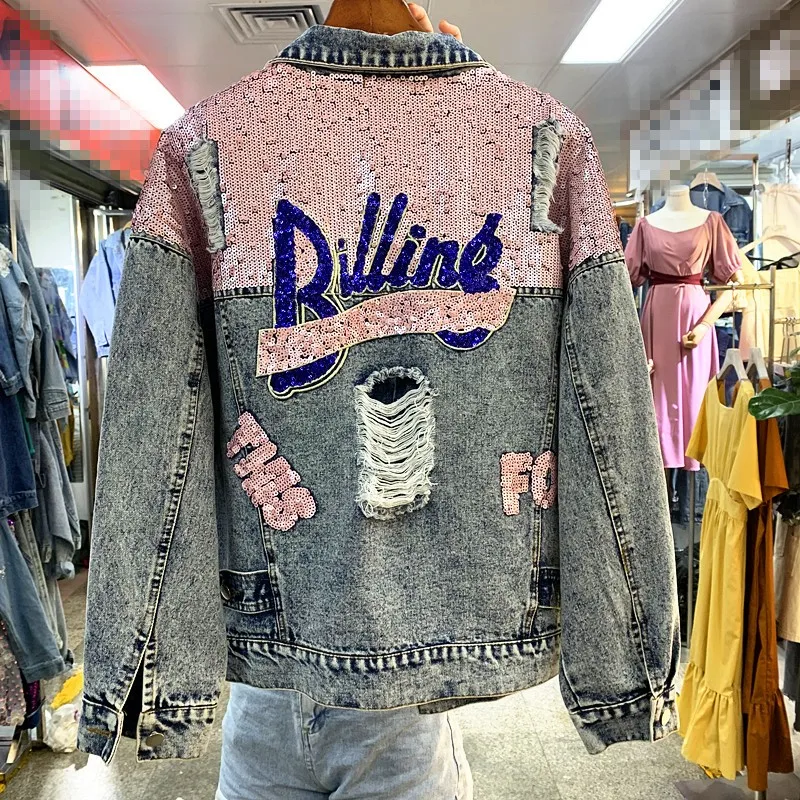 Ripped Letter Sequins หลวม VINTAGE DENIM แจ็คเก็ตแขนยาวเดี่ยวเกาหลี Street Oversize เสื้อ