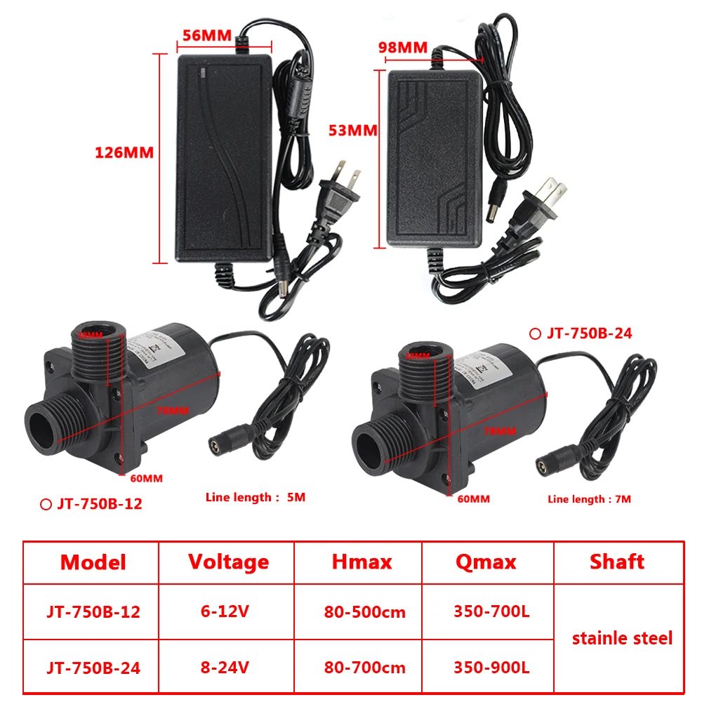 Brushless Solar Motor Water Pump IP68 Silent 4 Points Threaded Water Heater Shower Floor Heating Booster Pump US Plug DC 12V 24V