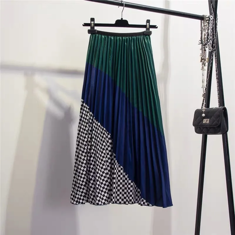 Marwin 2019 Spring New-Coming Europen Color Matching Plaid  Pleated skirt High Street Style Mid-Calf Empire Striped Women Skirts