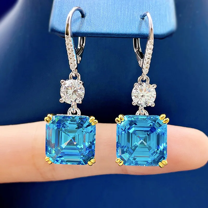 

New Style 925 Sterling Silver Earrings Female Luxury Inlaid 12*12mm Aquamarine Square Pagoda High Carbon Diamond Fine Jewelry