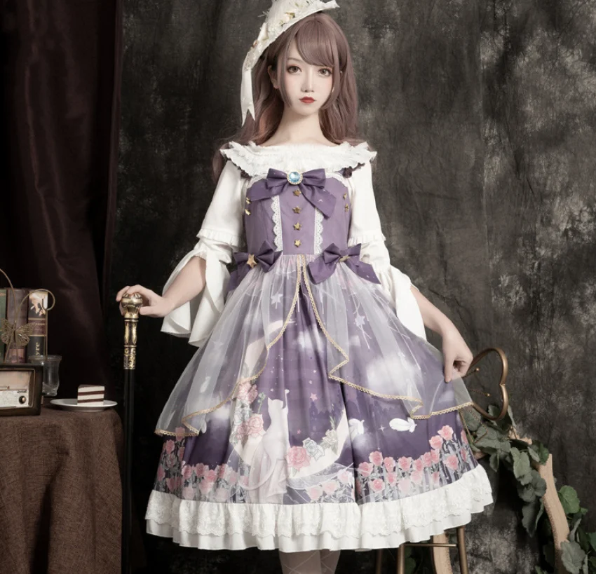 

Princess tea party sweet lolita strap dress vintage lace bowknot cute printing victorian kawaii girl gothic lolita loli cos