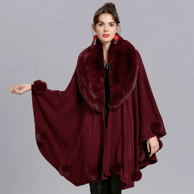 2022 Big Faux Fox Fur Neck Shawl Cape With Fur Ball Poncho Cloak Women Winter Warm Thick Out Streetwear Cardigan Loose Coat