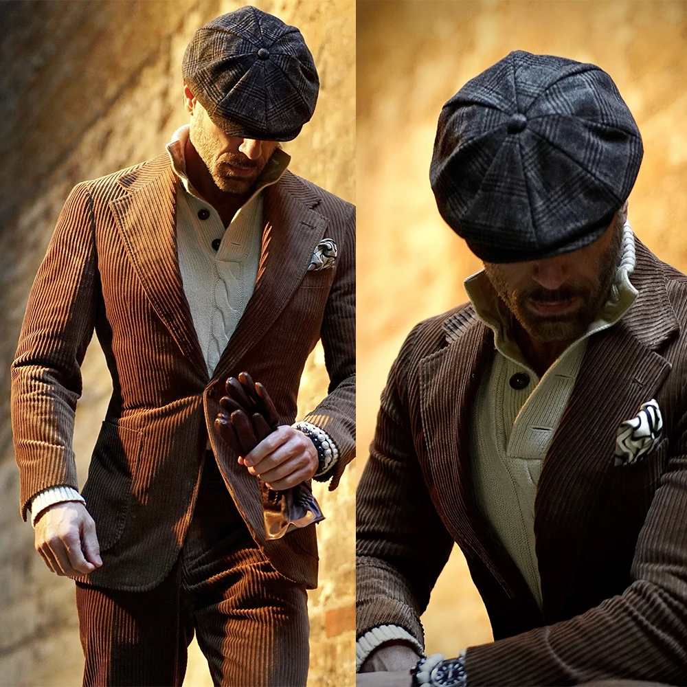 Coffee Corduroy Mens Pants Suits Winter Warm Peaked Lapel Groom Party Blazer Business Wear Coat(Jacket+Pants)