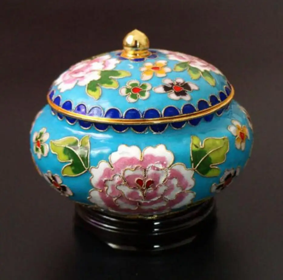 Copper Statue  Collection Chinese Porcelain Painting Flowers Cloisonne Storage Pot Circular Cover Auspicious Wealth Jar Statues