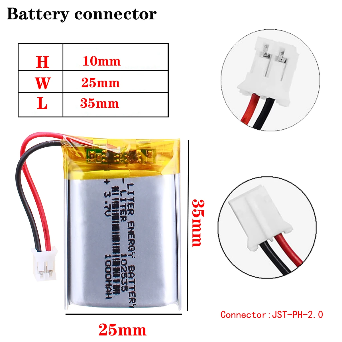 JST XHR 2.0mm 2pin 3.7V 1000MAH 102535 Lithium Polymer LiPo Rechargeable Battery For Mp3 headphone PAD DVD bluetooth camera