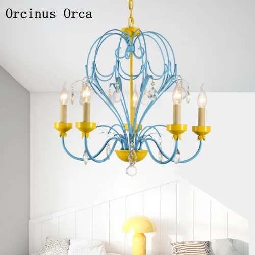 American Creative colorful crystal chandelier Girl Bedroom children's room lamp Mediterranean cartoon blue LED Candle Chandelier