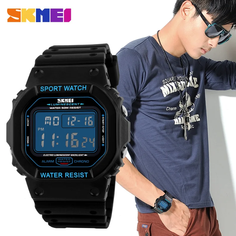 SKMEI Watch Men Square Sport Digital Watches Electronic LED Black Waterproof Wristwatch PU Strap Male Clock Relogio Masculino