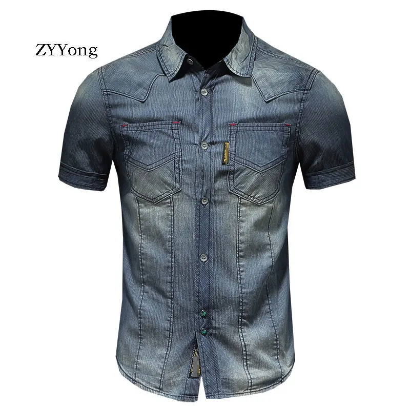 European Style Summer Cotton Retro Colorblock Short Sleeve Blue Thin Slim Denim Shirt Men Jean Coat Streetwear Fashion Clothing