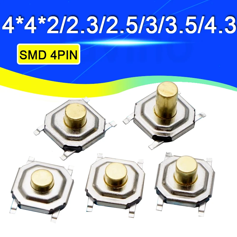 50 szt. 4x4mm wysokość od 1,5mm do 4,3mm chwilowy metalowy takt przełącznik wciskany SMT 4PIN przycisk kluczowy
