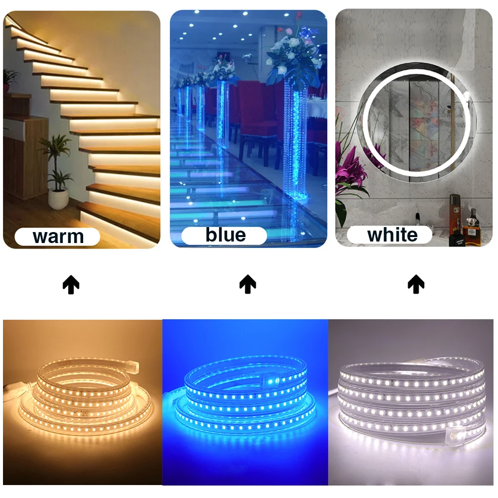 Led luz tira 2835, 220v, 120leds/m, ip67, decoração impermeável, interior e exterior, legal/quente branco/azul