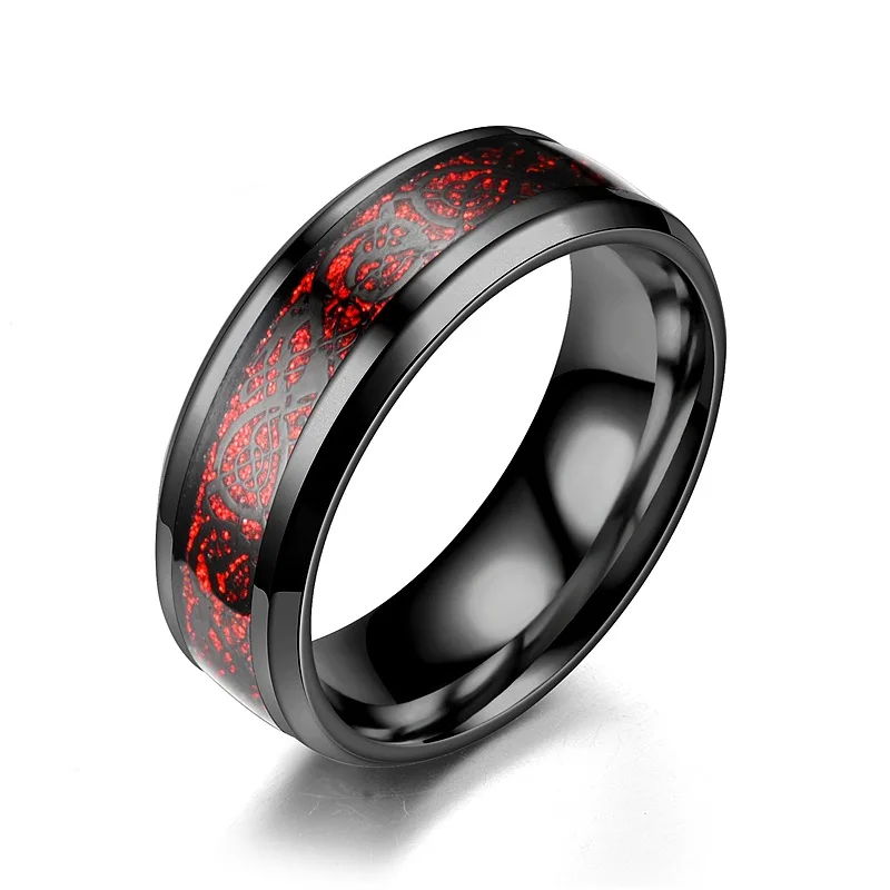 AsJerlya Men Ring Jewelry Red Blue Black Dragon Inlay Comfort Fit Stainless Steel Rings For Men Wedding Ring Wide 8mm