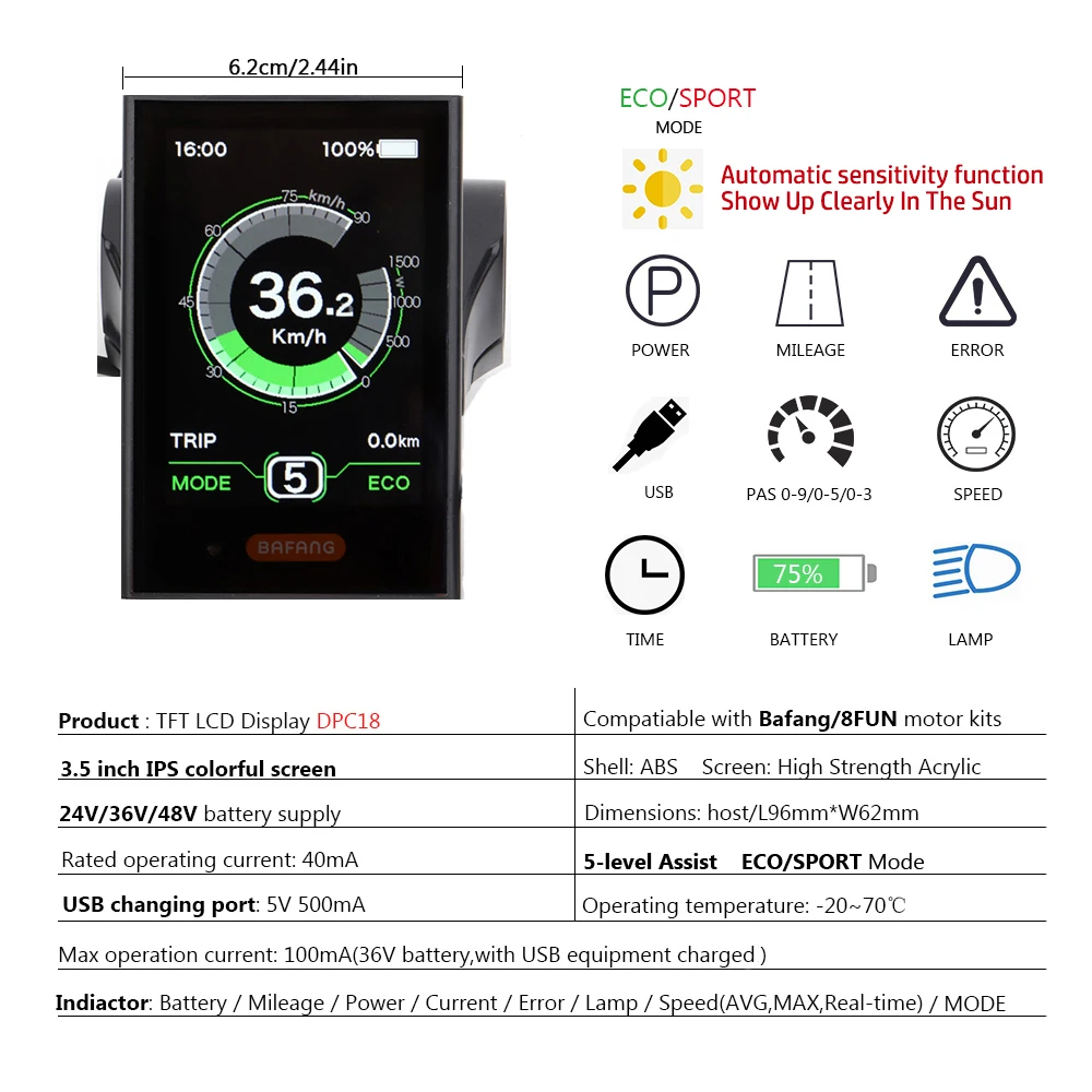 BAFANG DPC18 pełny kolorowy wyświetlacz LCD wyświetlacz elektryczny rower środkowy silnik BBS0102HD M620 G510 M400 G330 36V 48V 52V rower