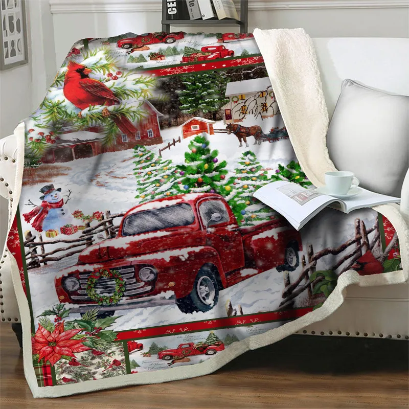 

New Snowman Blanket 3D Red Truck Sherpa Blankets Thick Warm Soft Flannel Office Nap Blanket Merry Christmas Quilts Sofa Beddings