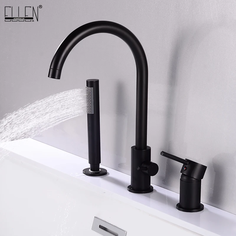 ELLEN Bathtub Faucets 3 Holes Black Hot Cold Bath Shower Faucet with Hand Shower Deck Mounted Water Mixer Crane ELB103