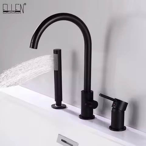 ELLEN Bathtub Faucets 3 Holes Black Hot Cold Bath Shower Faucet with Hand Shower Deck Mounted Water Mixer Crane ELB103