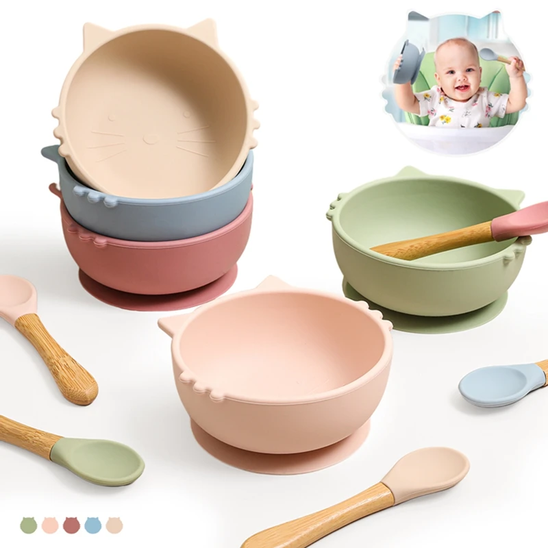 Silicone Baby Feeding Bowl Tableware Waterproof Spoon Non-Slip Wooden Handle BPA Free Silicone Dishes for Baby Bowl Baby Plate