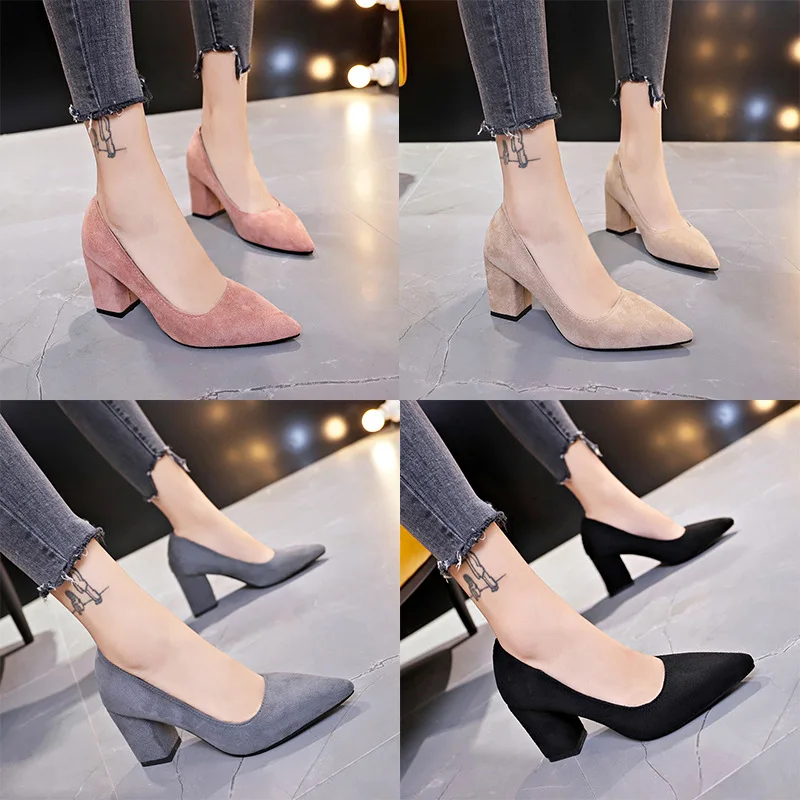 Women Pumps Flock Sweet Thick High Heels Female Sexy Office Pointed Toe Dress Work Pump Cute Shoes Ladies Footwear Zapatillas