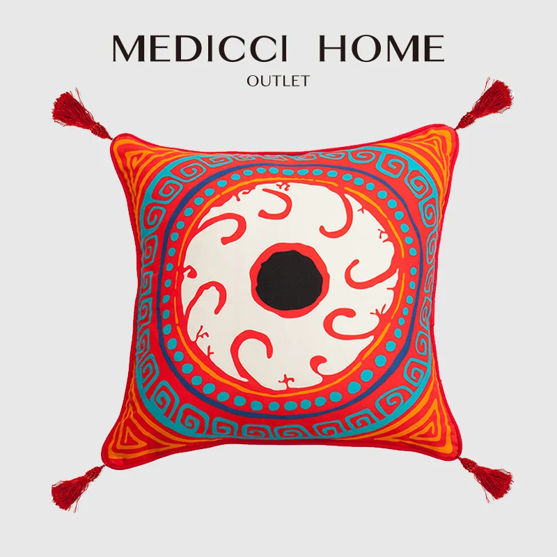 

Medicci Home Bohemian Exotic Cushion Cover Devil Eye Totem Inspiration Orange Red Antique Retro Throw Pillow Case With Tassels