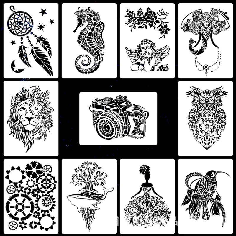 6pcs 21*29.7cm Seahorse Gear Abstract Animal DIY Layering Stencils Scrapbook Coloring Embossing Album Decor Painting Template