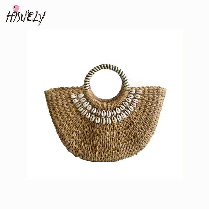 2024 New Women round bucket semicircle straw bag handmade  shell woven basket rattan handbag vacation beach bag