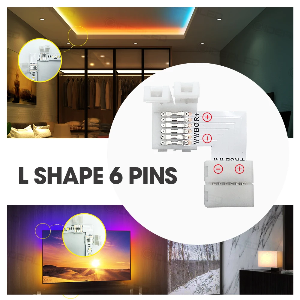 L Shape 6 pin 6pcs 12mm LED Connector set For connecting corner right angle 5050 SMD RGB RGBW 3528 2812 LED Strip