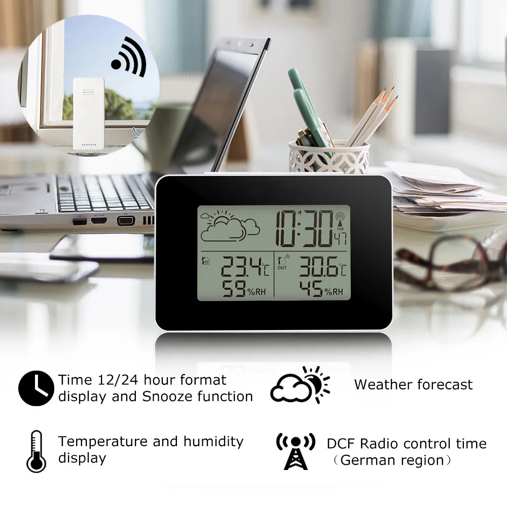 FanJu stazione meteorologica orologio digitale temperatura esterna interna igrometro LED allarme Snooze orologi da tavolo da tavolo sensore Wireless