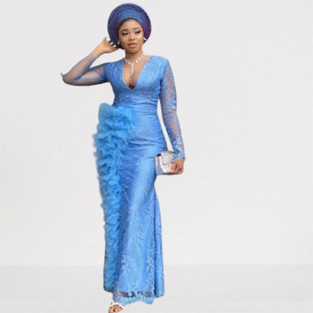 Aso Ebi Arabic Style Plus Size Evening Dresses 2022 Sexy V Neck Full Blue Lace Sheer Long Sleeves Formal Prom Party Second Recep