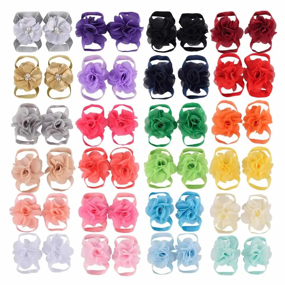 New Chiffon Flower Baby Barefoot Sandals Newborn Sandals Baptism Shoes Baby Girl Shoe Photo Props Birthday Shoes Newborn to 12M