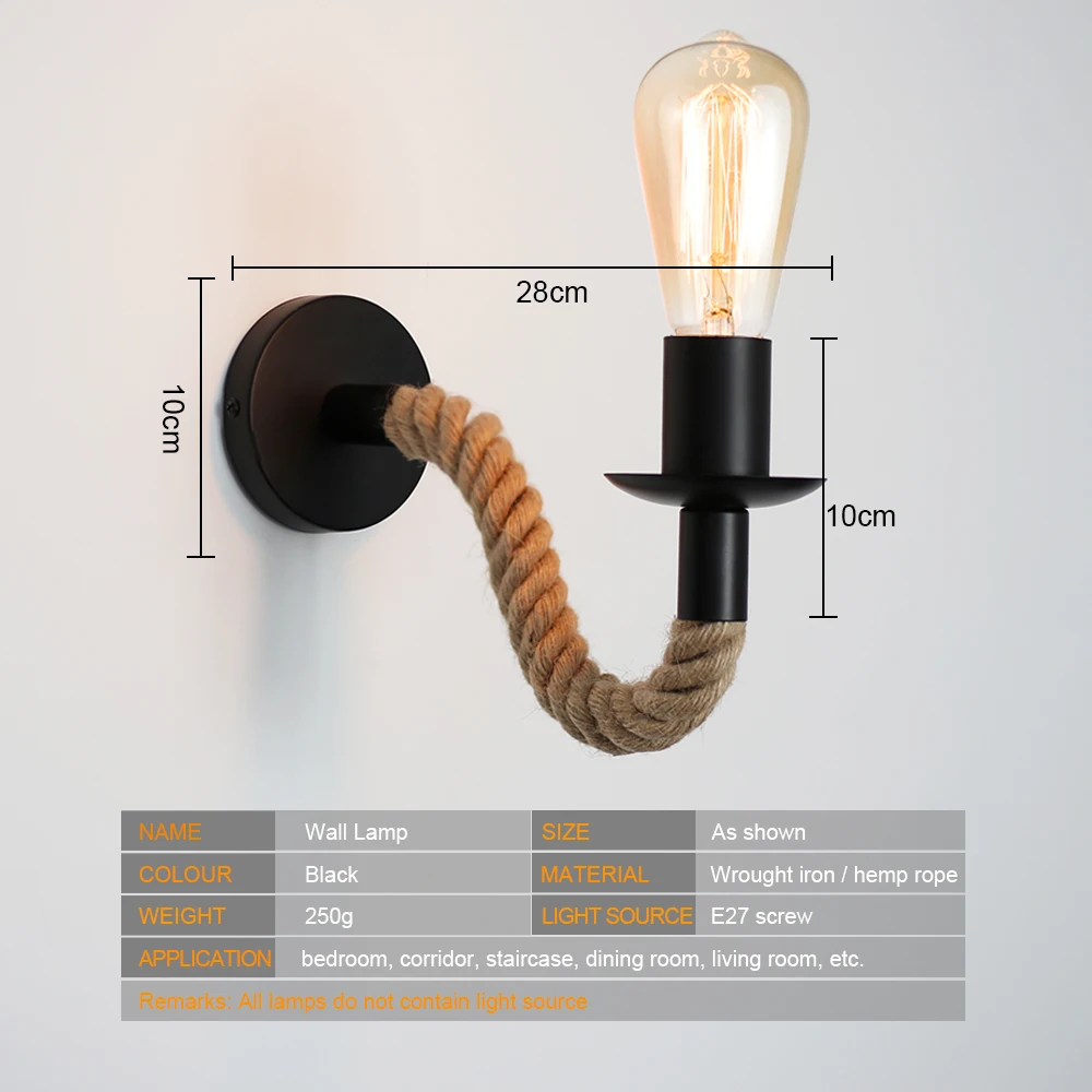 Vintage Rope Wall Light Holder – Industrial E27 Sconce, Black Iron, Indoor/Outdoor Use (Bulb Not Included)