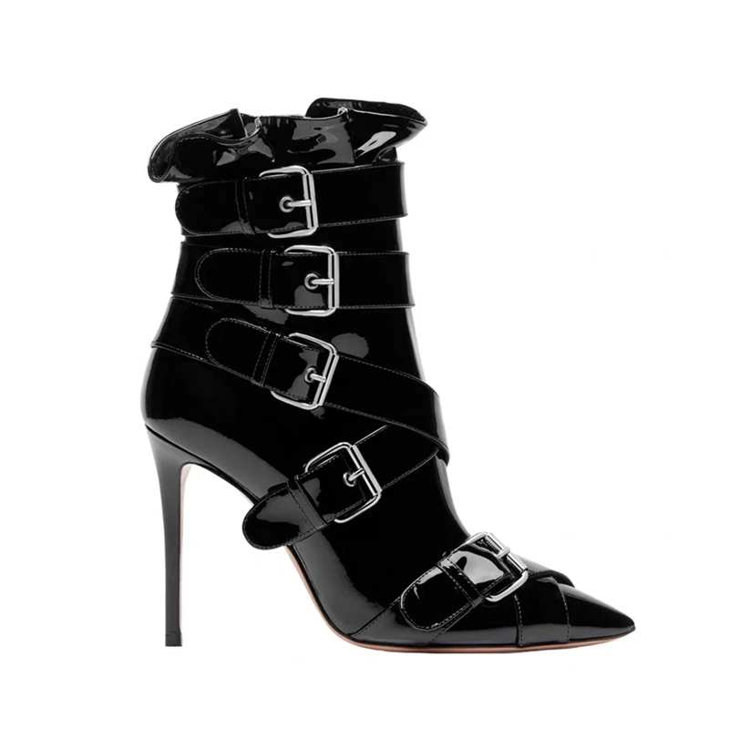 Ladies ruffles top Buckle Belt Pointed toe Ankle Boots Women Patent Leather Boots Thin High Heels Short Bottines Shoes