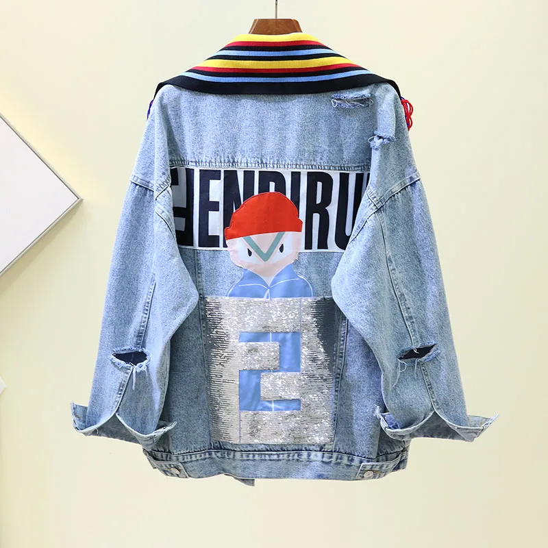 Fashion Sequins Cartoon Cute Printing Long Sleeve Jacket Female Casual Denim Coat Women Knit Collar Outwear Hole Femme Veste