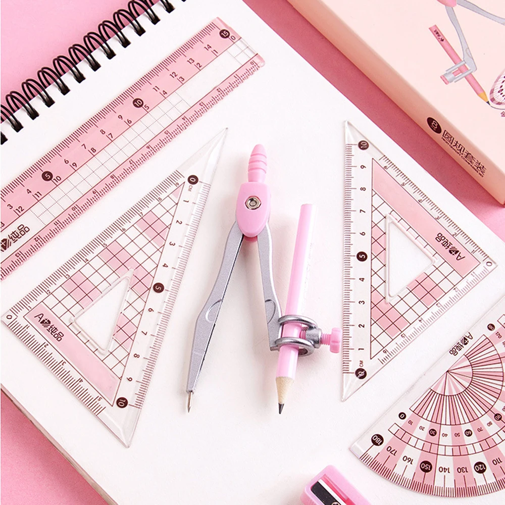8pcs Plastic Geometry Stationery Set Maths Drawing Compasses Ruler Set Students Draw Measuring Tools School Office Stationery