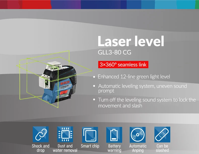 Bosch 12-Line Green Laser Level GLL3-80CGWith Bluetooth 360° Indoor And Outdoor Marking Instrument High Precision  Self-Leveling