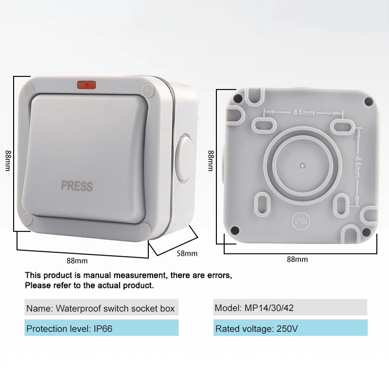 IP66 Wall Switch Outdoor Waterproof Dust-proof Switch 1/2 Gang Push Button Powe wall Switch socket Box for Garden