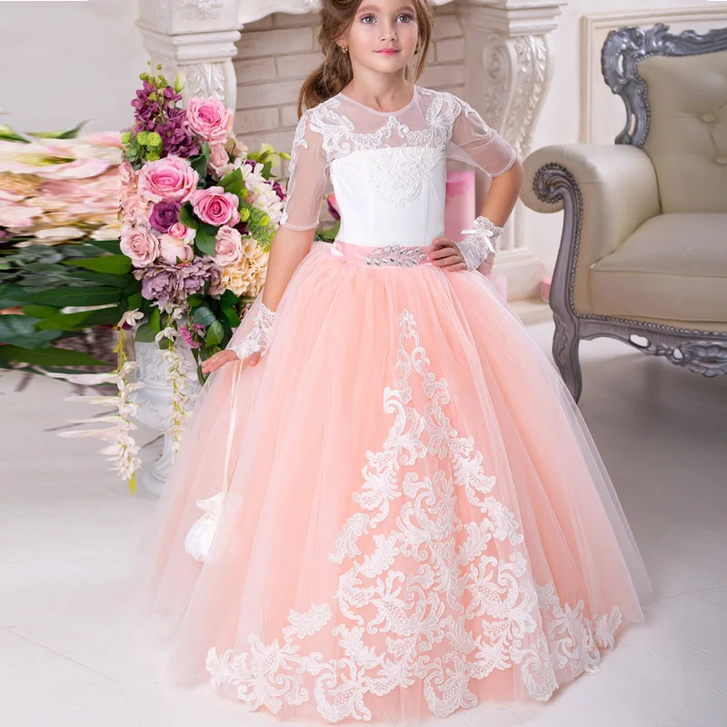 ใหม่ Tulle ดอกไม้ Ball Gown Sheer ครึ่งแขนคอชุดเดรสดอกไม้ First Communion ชุดประกวด Gowns