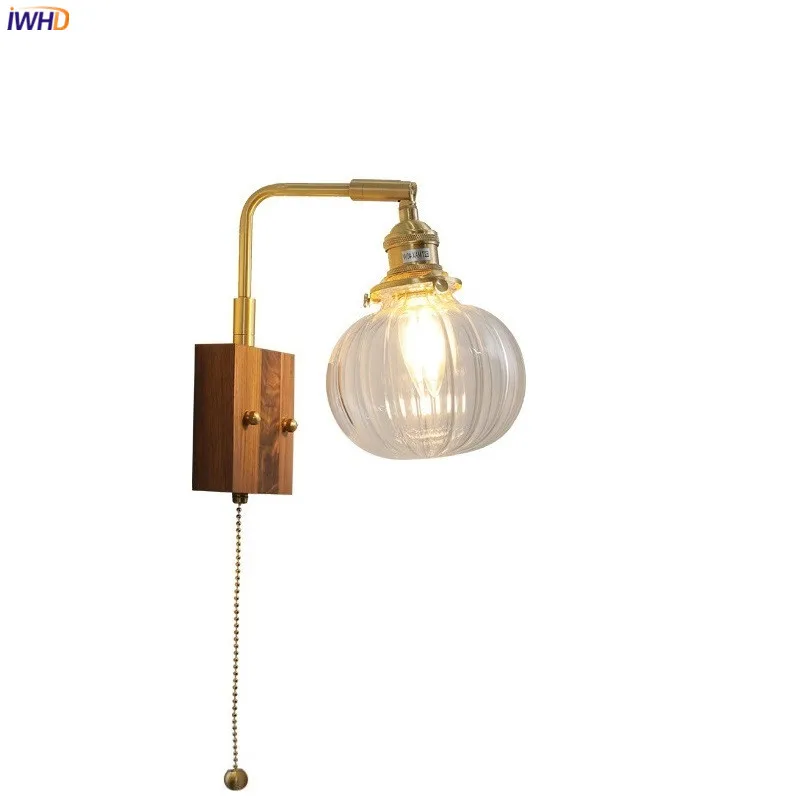 

IWHD Nordic Wooden LED Wall Light Fixtures Bedroom Living Room Glass Ball Copper Modern Wall Sconce Wandlamp Pull China Switch