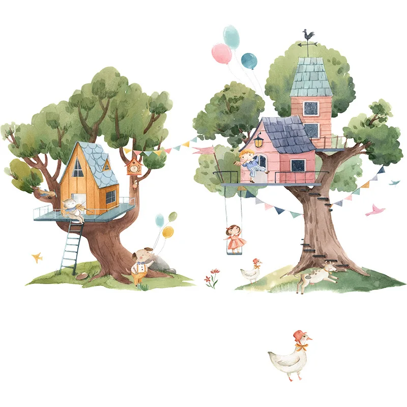 Painted Cartoon Animals Children Trees House Wallpaper Living Room Bedroom Porch Home Decoration Wall Stickers Self-Adhesive image 5