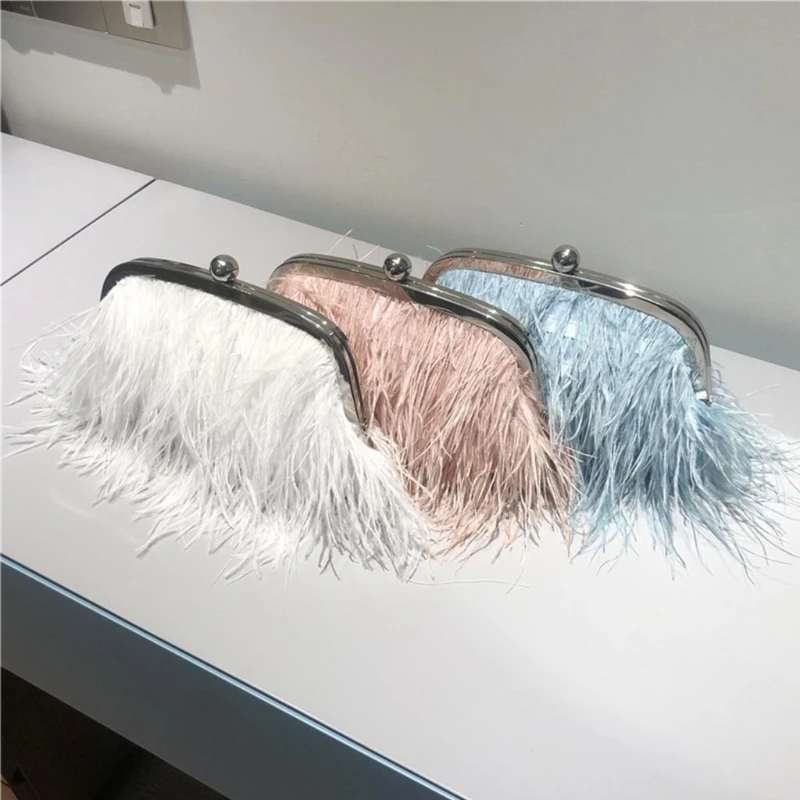 Ladies Evening Handbag Feather Clutch Bag Wedding Purse Feather Shoulder Bag Luxury 2 Type Chain Snake Chain & Pearl Short Chain