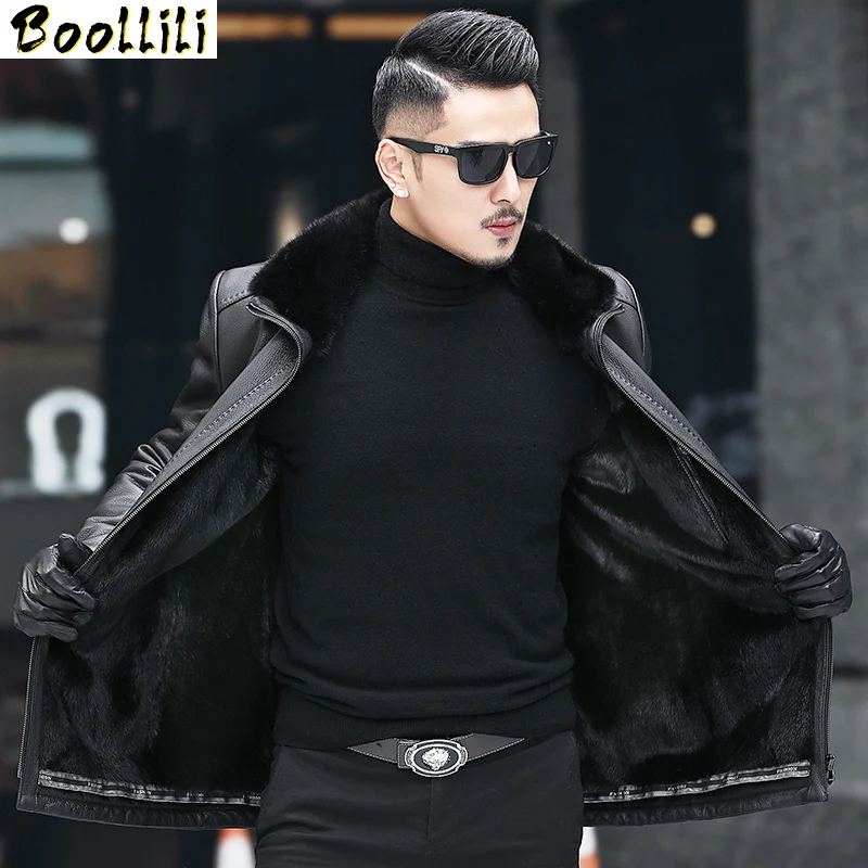 Winter Genuine Boollili Leather Jacket Men Natural Mink Fur Lining Deerskin Leather Real Fur Coat Deri Ceket