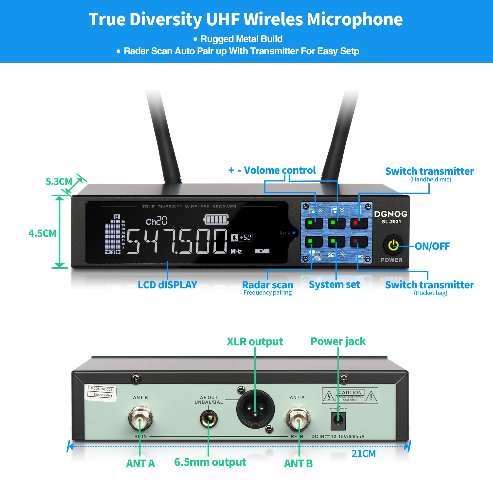 GL-2031 Wireless Microphone CH80 150M Range True Diversity Wireless System Metal Dynamic Microphone For DJ Stage Performances