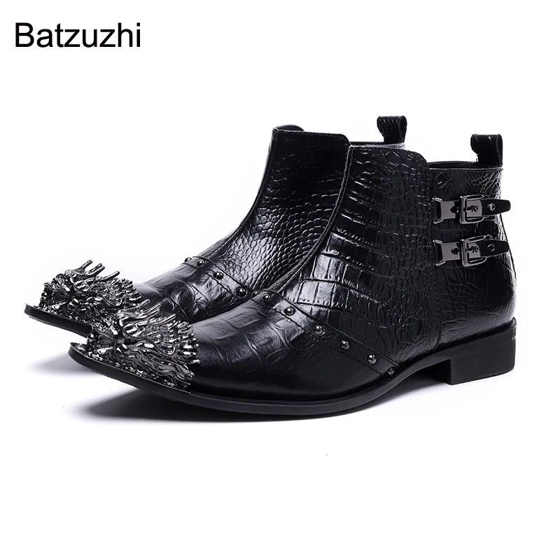 

Batzuzhi New Design Golden Metal Toe Red Genuine Leather Short Boots Men Western Fashion Men Boots Shoes Zip Party Botas Hombre