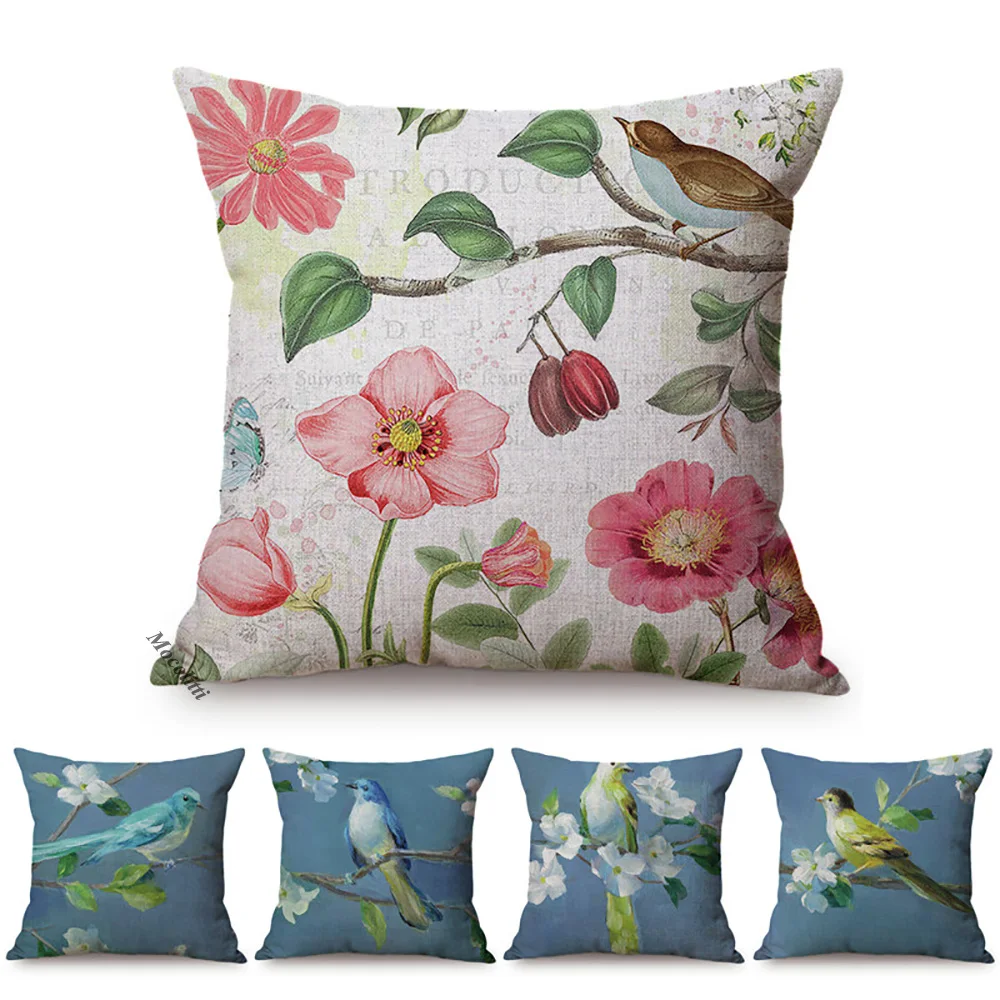 Nordic Florals Bird Harmony Sofa Decoration Throw Pillow Case Spring Oil Painting Art Garden Cotton Linen Cushion Cover cojines