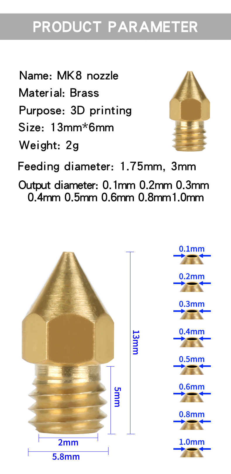 MK8 Brass Nozzle 0.1MM 0.2MM 0.3MM 0.4MM 0.5MM 0.6MM 0.8MM 1.0MM Extruder Print Head Nozzle Suitable For 1.75MM 3.0MM 3D Printer