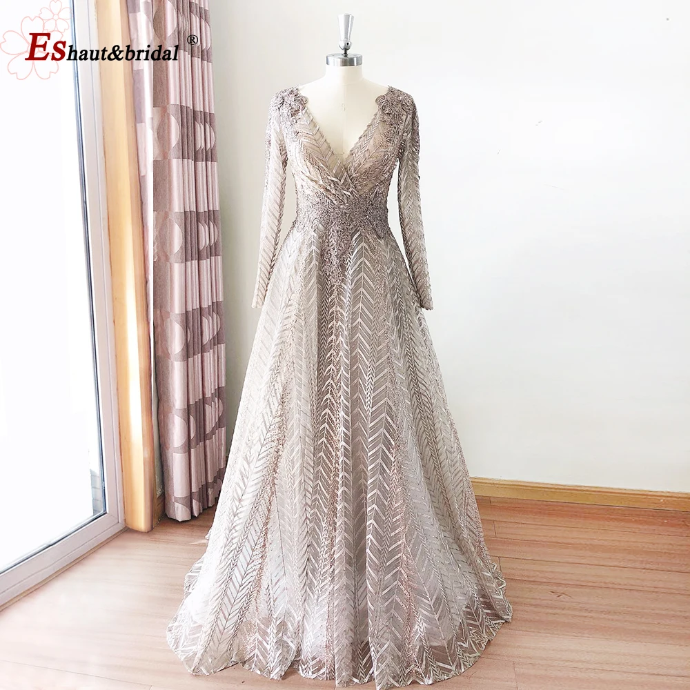 Elegant Evening Dress for Women 2024 Long Sleeves V Neck Full Lace Pleated Beaded Wedding Formal Prom Party Gowns Customized