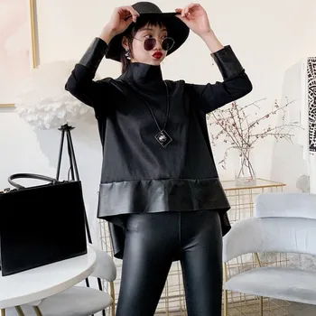 סתיו חדש נשים שיפון טלאי עור כבש אמיתי עור הלבשה עליונה חולצות Loose Fit גולף סדיר מקרית מעילים