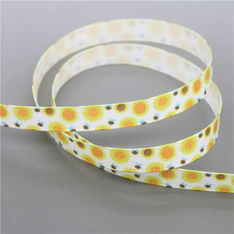 DHK 3/8\'\' 5yards Sunflowers Chrysanthemum Printed Grosgrain Ribbon Accessory Hairbow Headwear DIY Decoration 9mm C1893