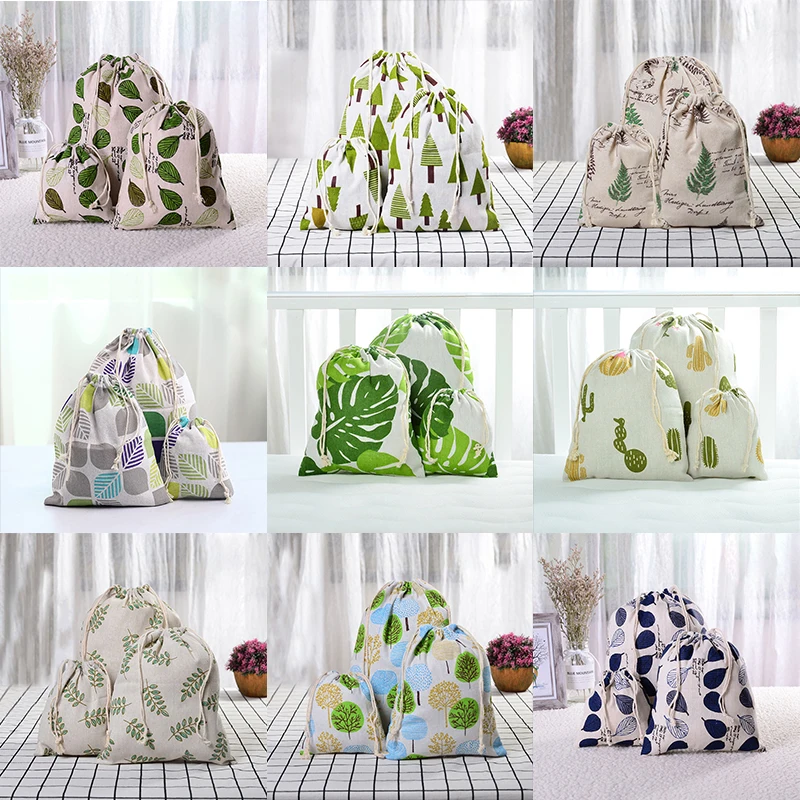 Cactus Leaves Drawstring Cotton Linen Storage Bag Christmas Gift Candy Jewelry Organizer Makeup Cosmetic Coins Keys Bags 49003