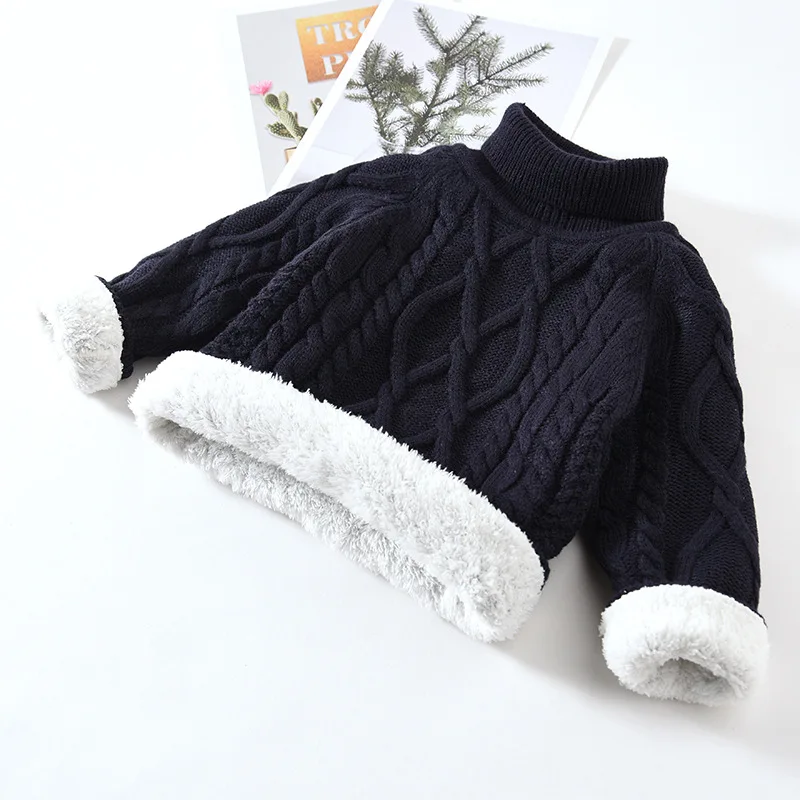 Baby Sweater Solid Winter Thick Plush Pullover 2021 New Turtleneck Casual Kids Boy Girl for Children Warm Knitted Sweaters 0-8Y