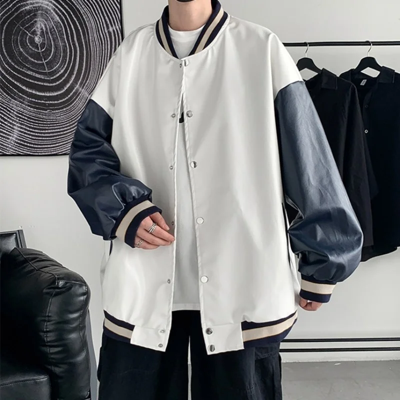 Leather Pu Mens Bomber Jacket Korean Style Mixed Colors Casual Coat Loose Fit Stand Collar Preppy Style Fashion Outerwear Male